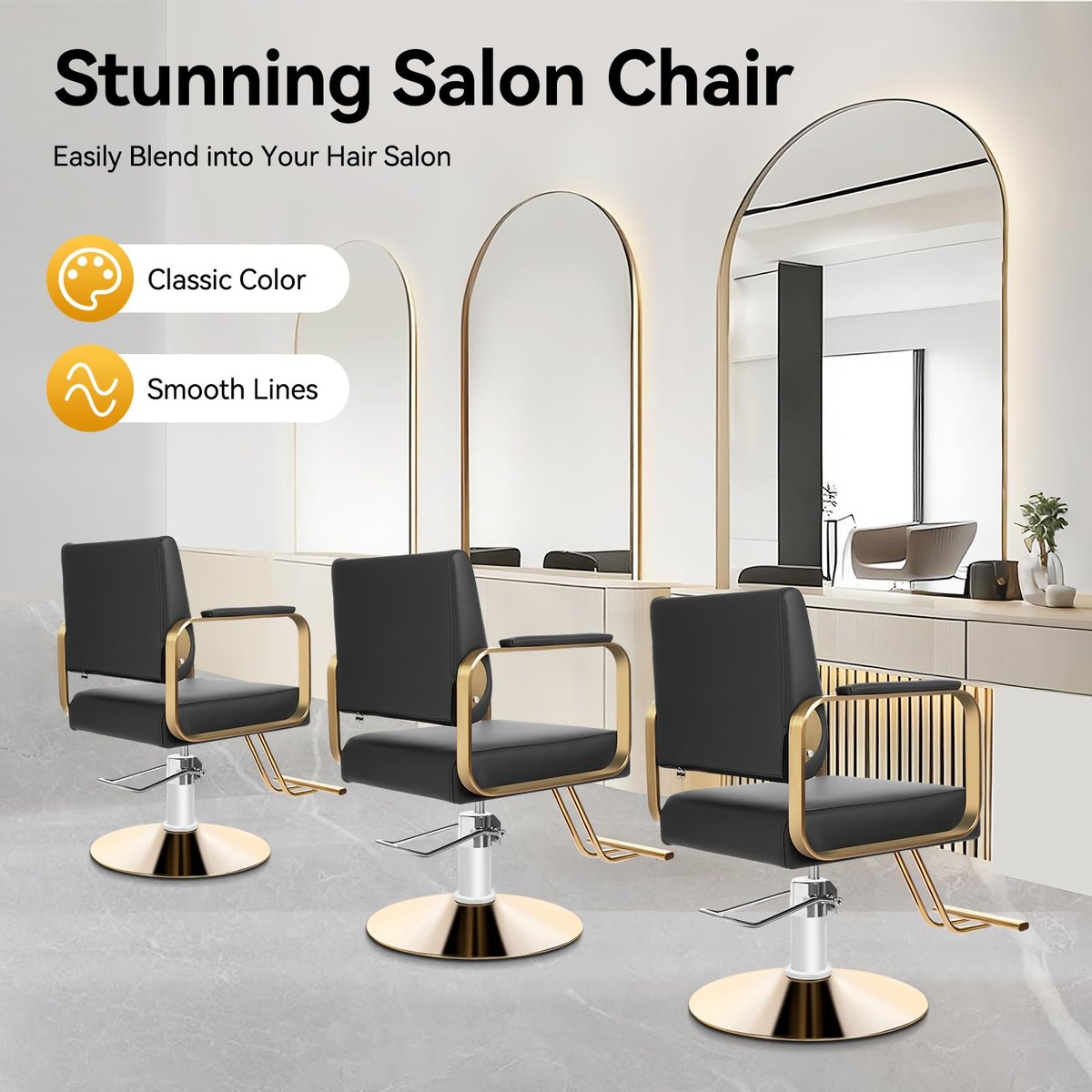 SJXHRFXY 360° Rotating Salon Chair – Heavy Duty Barber Chair with 440lbs Capacity, Adjustable Hydraulic PU Cushion, Black & Gold for Hair Stylist, Beauty Salon, Spa - görsel 3