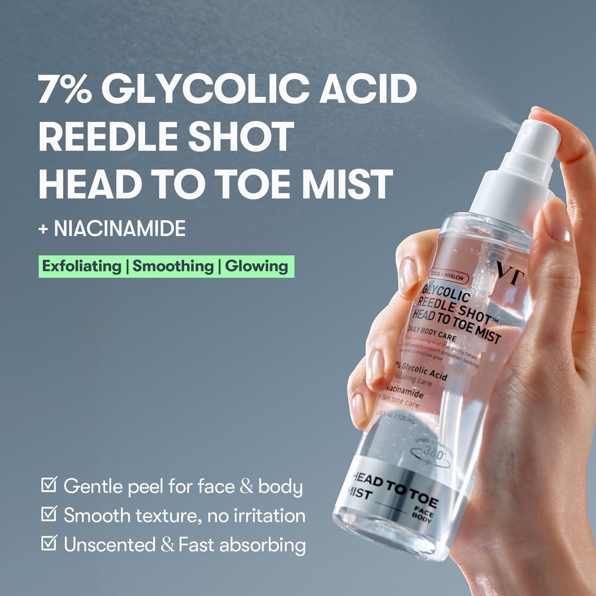 VT COSMETICS 7% Glycolic Acid Reedle Shot Head-to-Toe Mist with Niacinamide – Exfoliating Spray for Bumpy & Strawberry Skin, Dark Spots, Skin Texture, Keratosis Pilaris (4.05 fl oz) Avelisse
