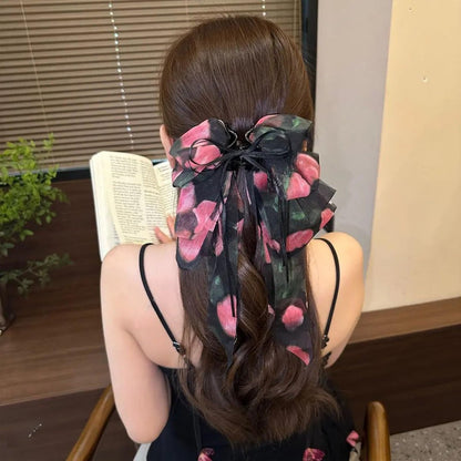 Black Rose Big Bow Hair Clip - Elegant French Ponytail Claw for Women, Daily Wedding Hair Styling Accessory for Thick & Thin Hair