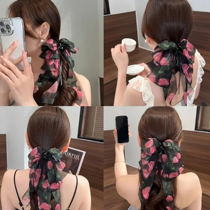 Black Rose Big Bow Hair Clip - Elegant French Ponytail Claw for Women, Daily Wedding Hair Styling Accessory for Thick & Thin Hair