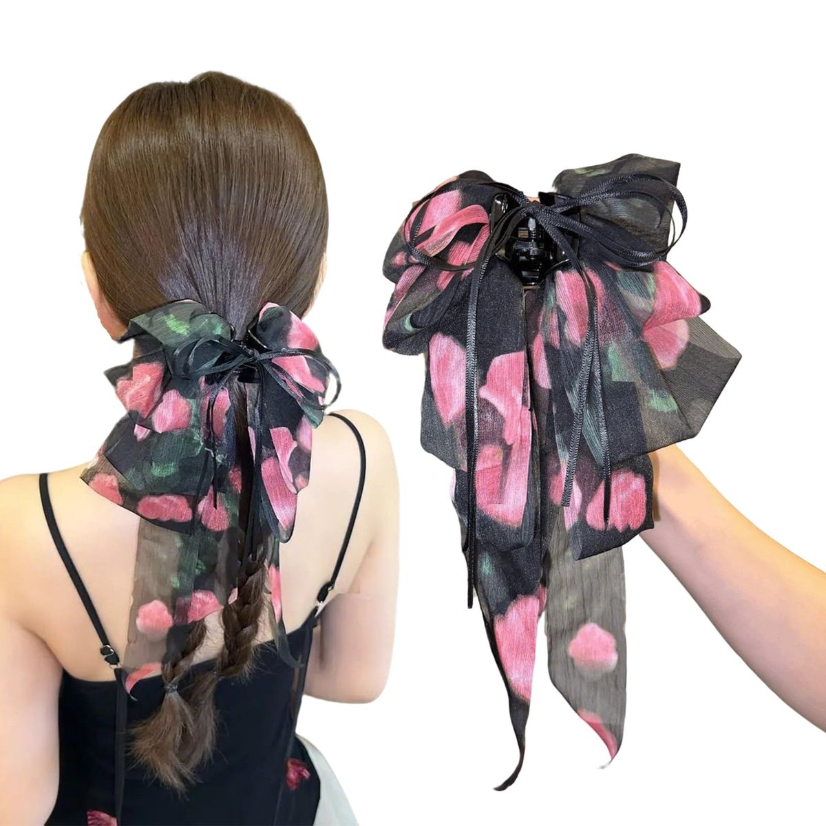 Black Rose Big Bow Hair Clip - Elegant French Ponytail Claw for Women, Daily Wedding Hair Styling Accessory for Thick & Thin Hair - görsel 1