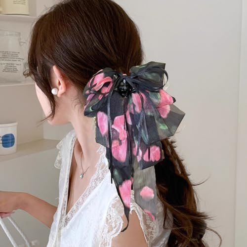 Black Rose Big Bow Hair Clip - Elegant French Ponytail Claw for Women, Daily Wedding Hair Styling Accessory for Thick & Thin Hair - görsel 6