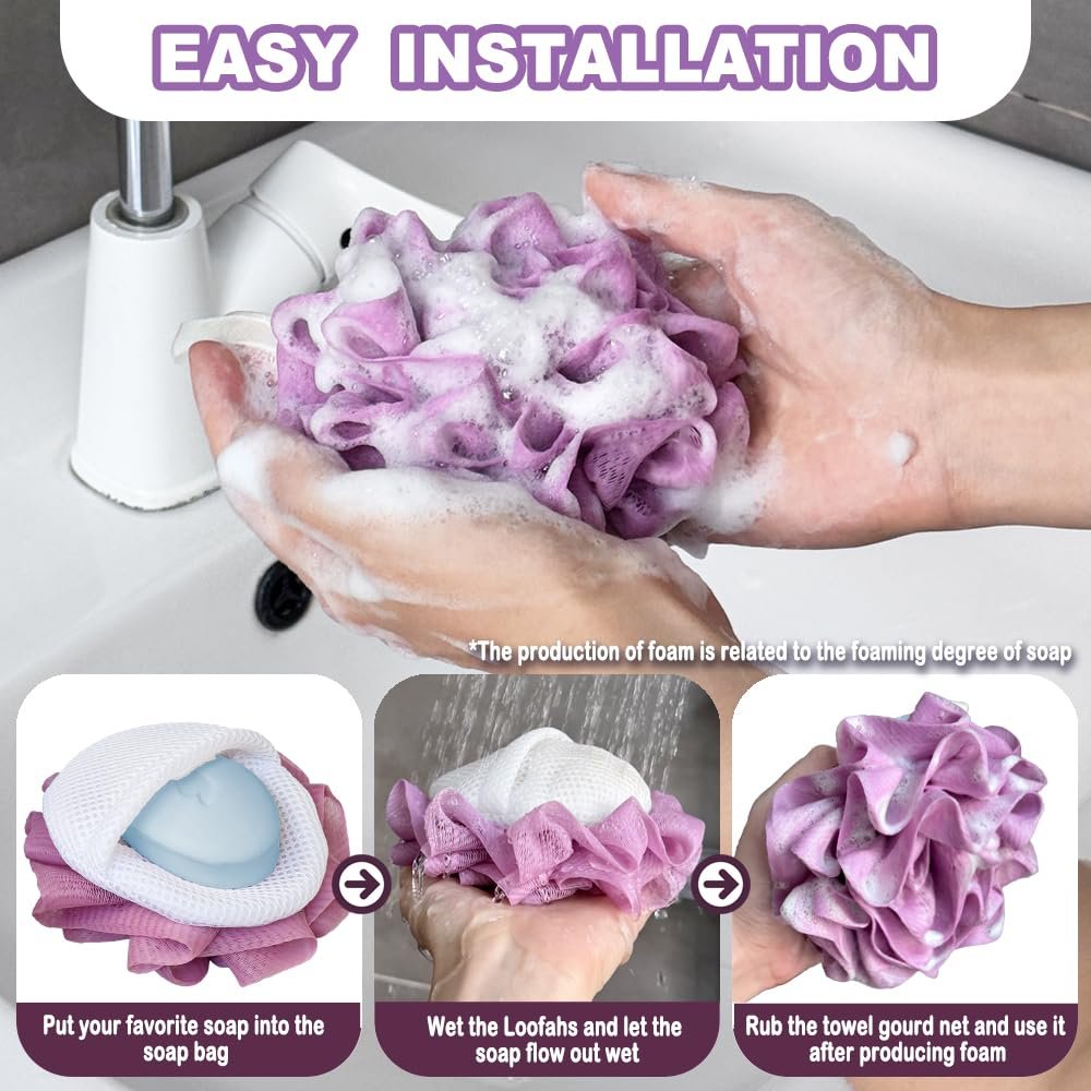 3 Pack Bath Loofah Shower Sponges with Soap Bags - Dual-Use Exfoliating Body Scrubber for Women & Men (White, Gray, Purple) - görsel 9