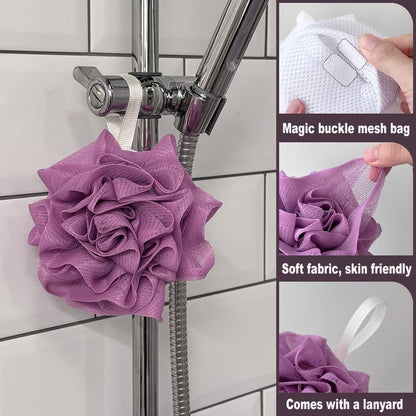 3 Pack Bath Loofah Shower Sponges with Soap Bags - Dual-Use Exfoliating Body Scrubber for Women & Men (White, Gray, Purple)