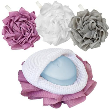 3 Pack Bath Loofah Shower Sponges with Soap Bags - Dual-Use Exfoliating Body Scrubber for Women & Men (White, Gray, Purple)