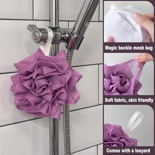 3 Pack Bath Loofah Shower Sponges with Soap Bags - Dual-Use Exfoliating Body Scrubber for Women & Men (White, Gray, Purple) - görsel 4