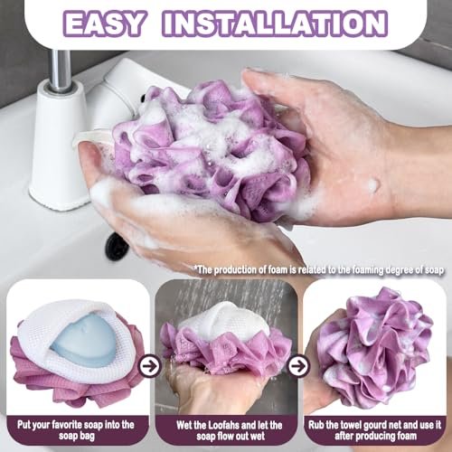 3 Pack Bath Loofah Shower Sponges with Soap Bags - Dual-Use Exfoliating Body Scrubber for Women & Men (White, Gray, Purple) - görsel 10
