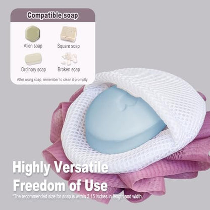 3 Pack Bath Loofah Shower Sponges with Soap Bags - Dual-Use Exfoliating Body Scrubber for Women & Men (White, Gray, Purple)