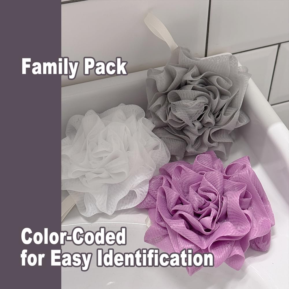 3 Pack Bath Loofah Shower Sponges with Soap Bags - Dual-Use Exfoliating Body Scrubber for Women & Men (White, Gray, Purple) - görsel 13