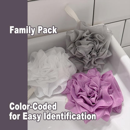3 Pack Bath Loofah Shower Sponges with Soap Bags - Dual-Use Exfoliating Body Scrubber for Women & Men (White, Gray, Purple)