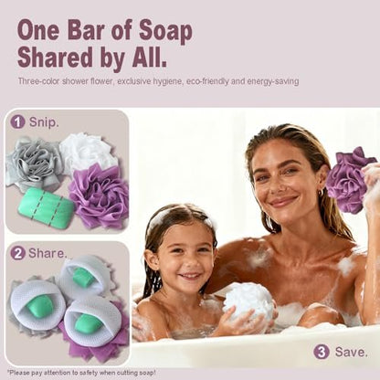 3 Pack Bath Loofah Shower Sponges with Soap Bags - Dual-Use Exfoliating Body Scrubber for Women & Men (White, Gray, Purple)