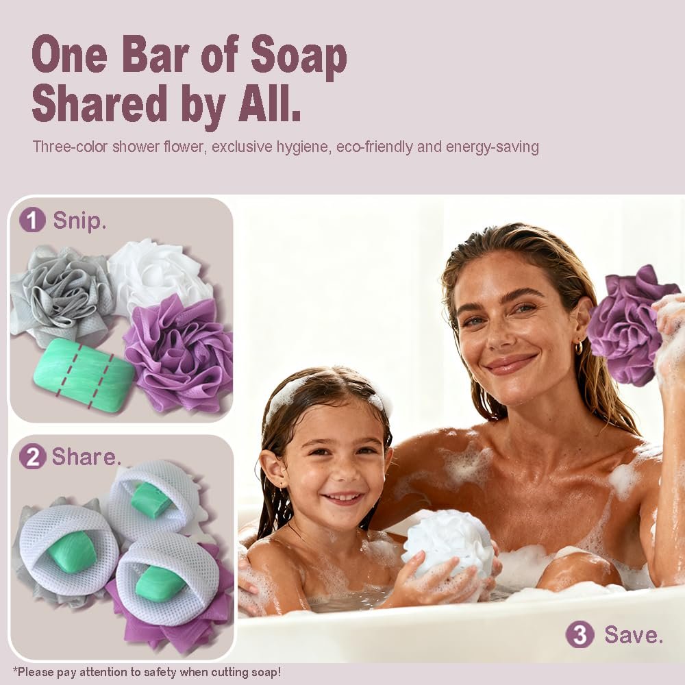 3 Pack Bath Loofah Shower Sponges with Soap Bags - Dual-Use Exfoliating Body Scrubber for Women & Men (White, Gray, Purple) - görsel 7