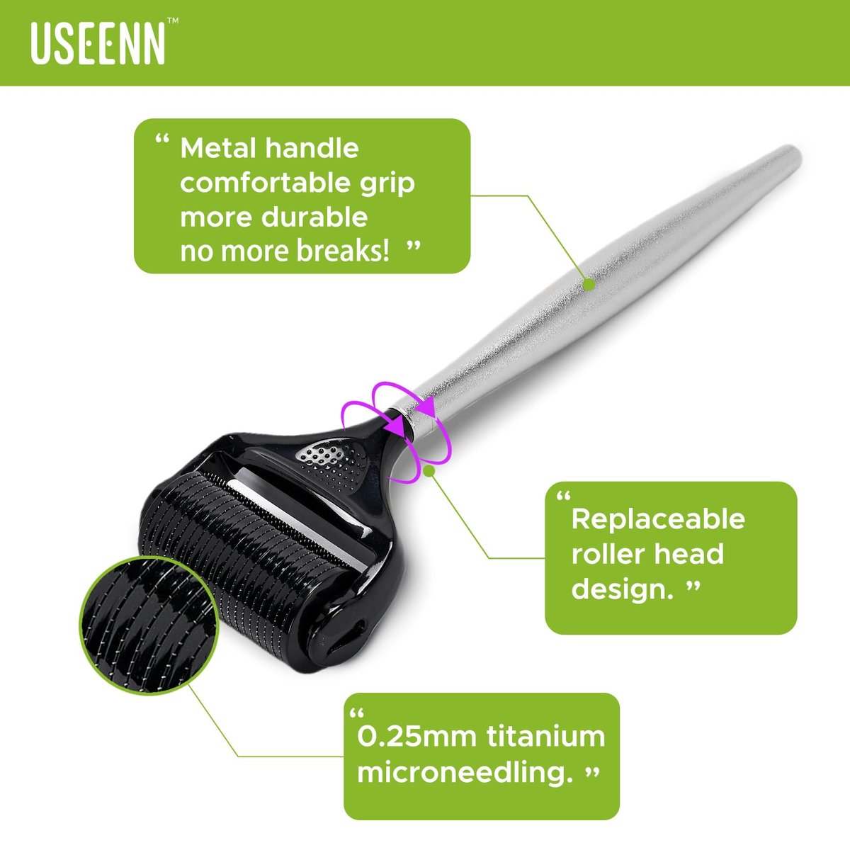 USEENN Ultra Wide Titanium Derma Roller 0.25mm - Microneedling Roller for Face, Hair, Beard, Scalp, Skin - Metal Handle for Women and Men Avelisse