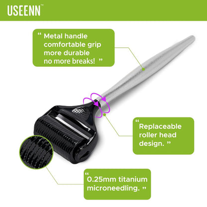 USEENN Ultra Wide Titanium Derma Roller 0.25mm - Microneedling Roller for Face, Hair, Beard, Scalp, Skin - Metal Handle for Women and Men Avelisse