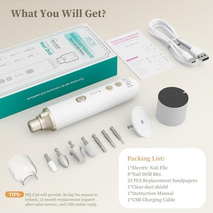 PELCAS 8-in-1 Cordless Nail Drill: Electric Nail Filer with LED Light & Foot Callus Remover - 5 Speeds, Rechargeable, Golden Avelisse