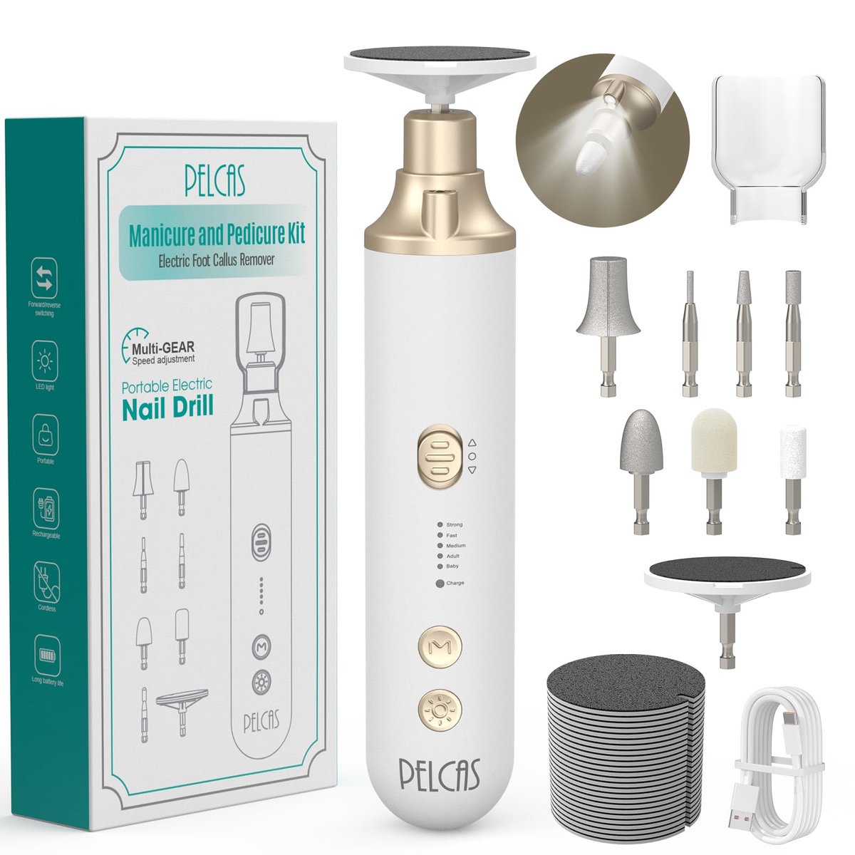 PELCAS 8-in-1 Cordless Nail Drill: Electric Nail Filer with LED Light & Foot Callus Remover - 5 Speeds, Rechargeable, Golden Avelisse
