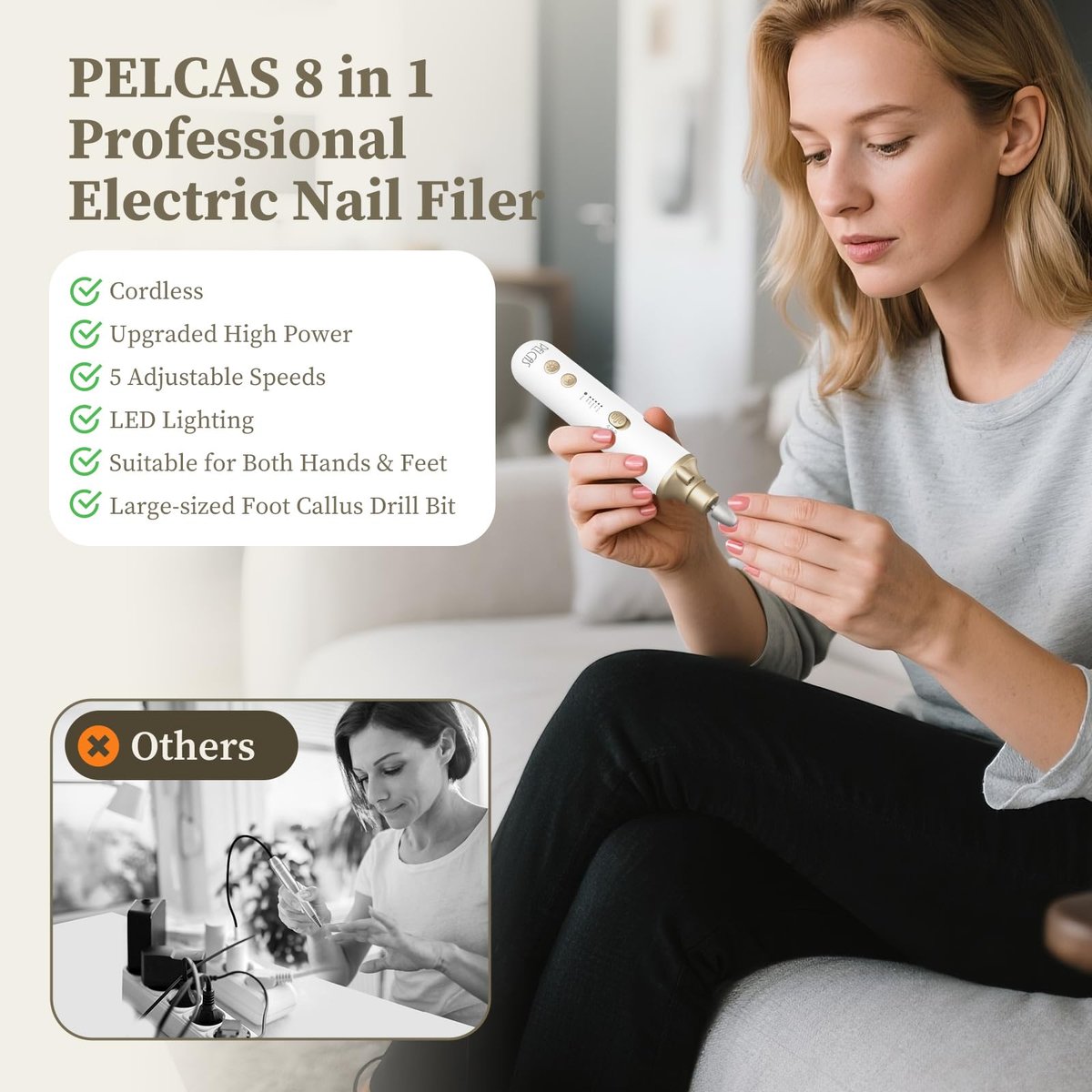PELCAS 8-in-1 Cordless Nail Drill: Electric Nail Filer with LED Light & Foot Callus Remover - 5 Speeds, Rechargeable, Golden Avelisse
