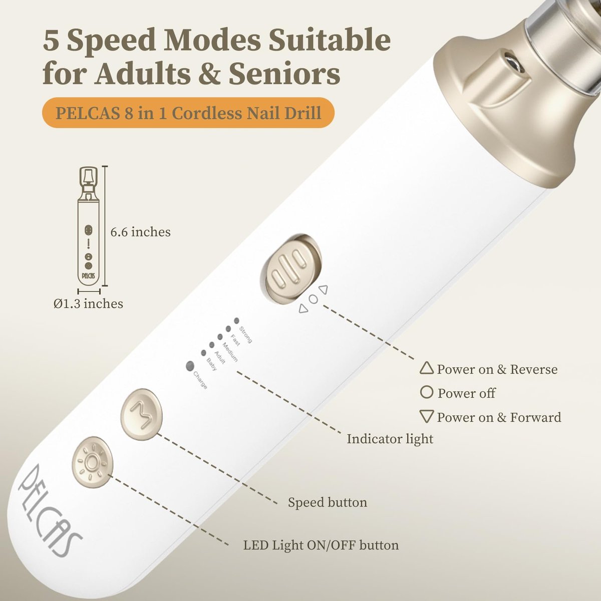 PELCAS 8-in-1 Cordless Nail Drill: Electric Nail Filer with LED Light & Foot Callus Remover - 5 Speeds, Rechargeable, Golden Avelisse