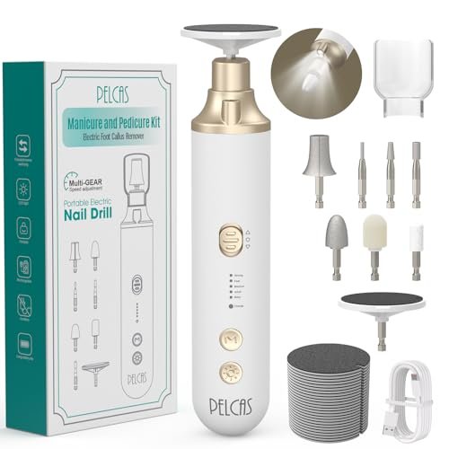 PELCAS 8-in-1 Cordless Nail Drill: Electric Nail Filer with LED Light & Foot Callus Remover - 5 Speeds, Rechargeable, Golden Avelisse