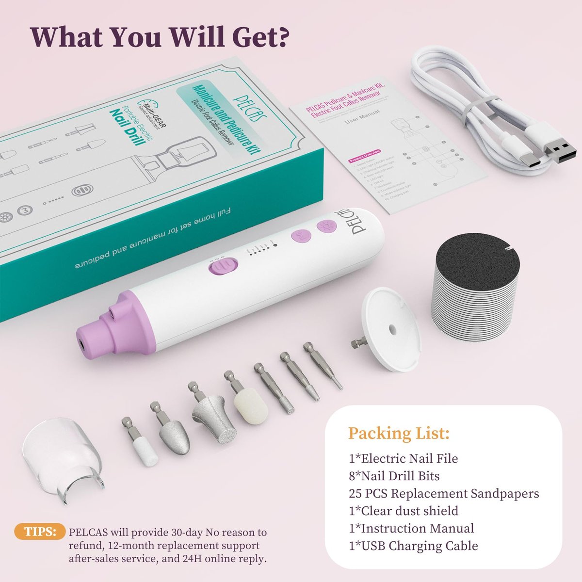 PELCAS Toenail Grinder for Thick Toenails - 8 in 1 Manicure & Pedicure Kit, Cordless Nail Drill with LED Light, Electric Foot Callus Remover, 5 Speeds, Pink Avelisse
