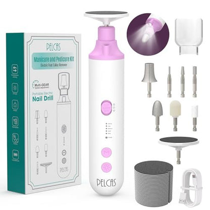 PELCAS Toenail Grinder for Thick Toenails - 8 in 1 Manicure & Pedicure Kit, Cordless Nail Drill with LED Light, Electric Foot Callus Remover, 5 Speeds, Pink Avelisse