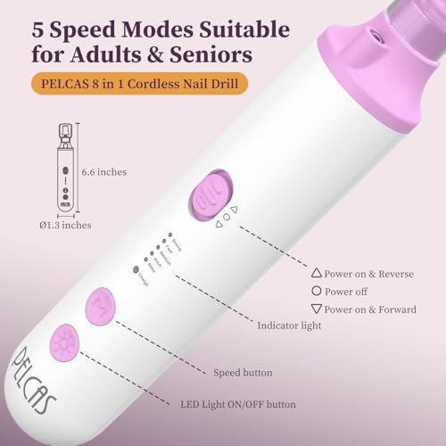 PELCAS Toenail Grinder for Thick Toenails - 8 in 1 Manicure & Pedicure Kit, Cordless Nail Drill with LED Light, Electric Foot Callus Remover, 5 Speeds, Pink Avelisse