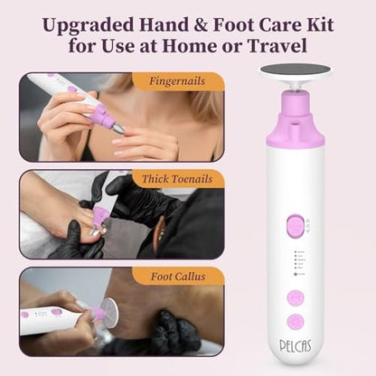 PELCAS Toenail Grinder for Thick Toenails - 8 in 1 Manicure & Pedicure Kit, Cordless Nail Drill with LED Light, Electric Foot Callus Remover, 5 Speeds, Pink Avelisse