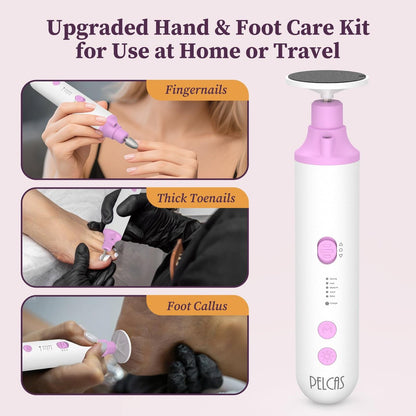 PELCAS Toenail Grinder for Thick Toenails - 8 in 1 Manicure & Pedicure Kit, Cordless Nail Drill with LED Light, Electric Foot Callus Remover, 5 Speeds, Pink Avelisse
