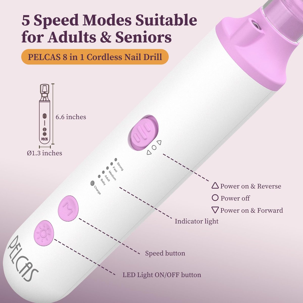 PELCAS Toenail Grinder for Thick Toenails - 8 in 1 Manicure & Pedicure Kit, Cordless Nail Drill with LED Light, Electric Foot Callus Remover, 5 Speeds, Pink Avelisse
