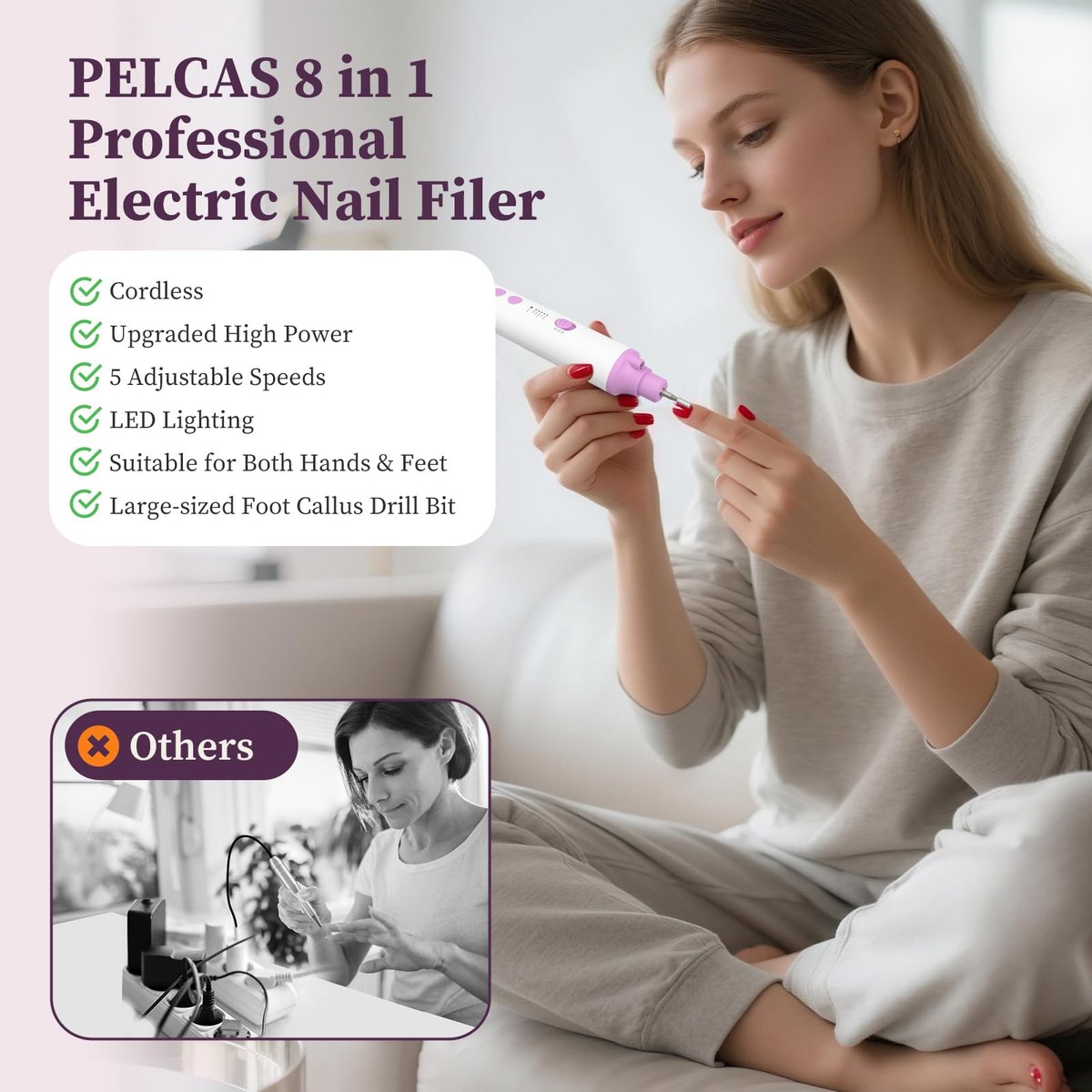 PELCAS Toenail Grinder for Thick Toenails - 8 in 1 Manicure & Pedicure Kit, Cordless Nail Drill with LED Light, Electric Foot Callus Remover, 5 Speeds, Pink Avelisse