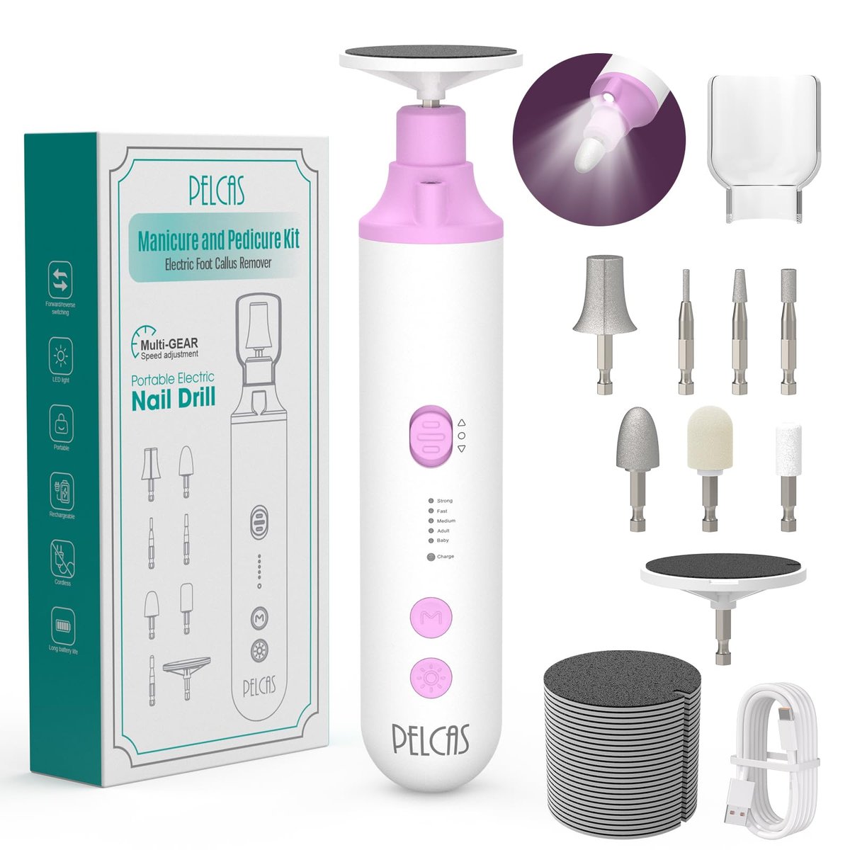 PELCAS Toenail Grinder for Thick Toenails - 8 in 1 Manicure & Pedicure Kit, Cordless Nail Drill with LED Light, Electric Foot Callus Remover, 5 Speeds, Pink Avelisse