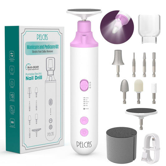 PELCAS Toenail Grinder for Thick Toenails - 8 in 1 Manicure & Pedicure Kit, Cordless Nail Drill with LED Light, Electric Foot Callus Remover, 5 Speeds, Pink Avelisse