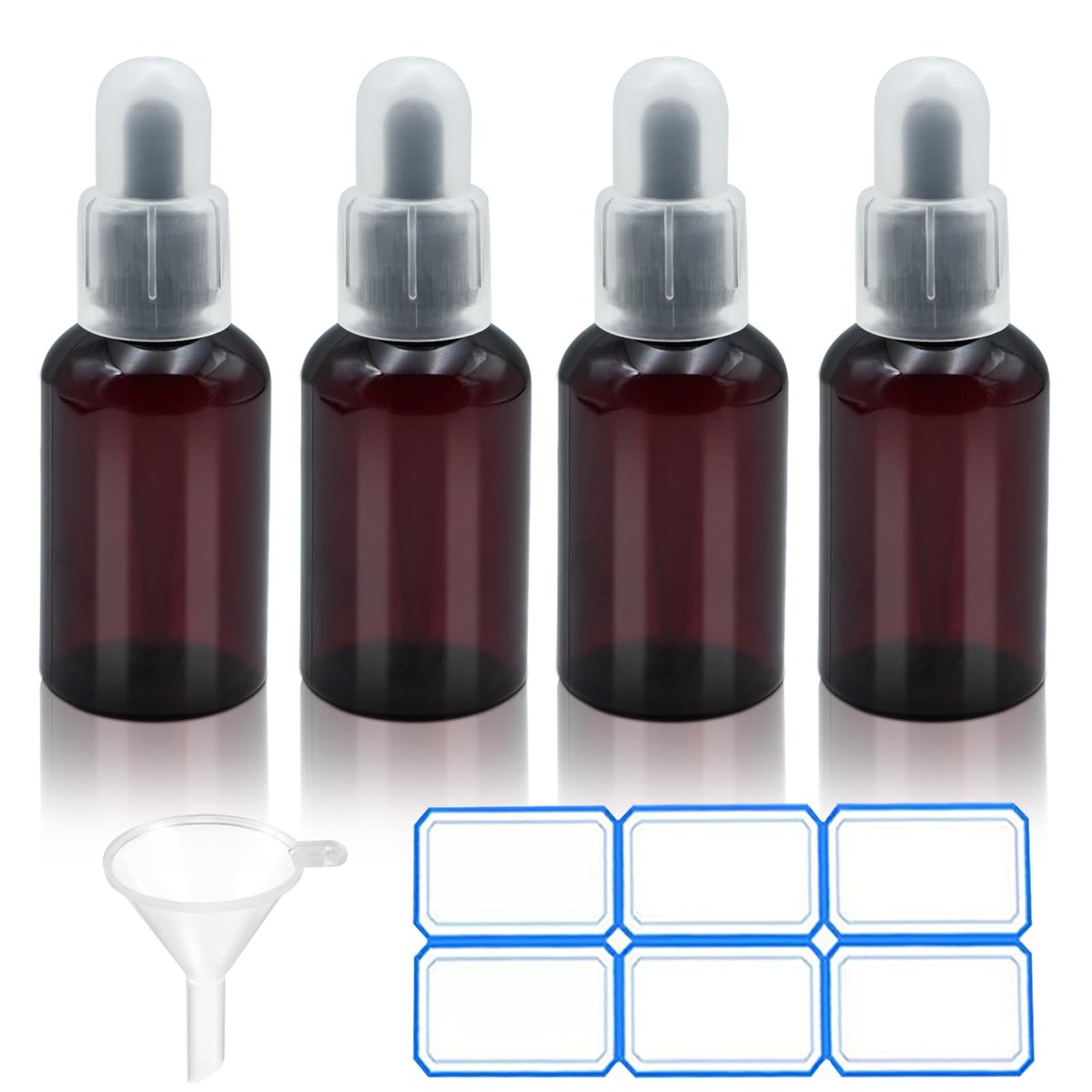 AskBed 4 Pack 2 Oz (50ml) Amber Plastic Essential Dropper Bottles with Funnel and Labels for Liquid Storage - görsel 1