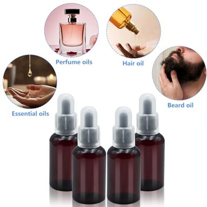 AskBed 4 Pack 2 Oz (50ml) Amber Plastic Essential Dropper Bottles with Funnel and Labels for Liquid Storage