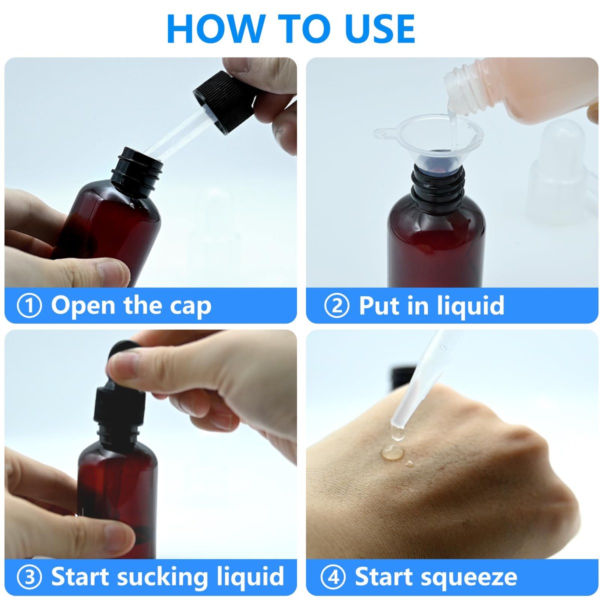 AskBed 4 Pack 2 Oz (50ml) Amber Plastic Essential Dropper Bottles with Funnel and Labels for Liquid Storage - görsel 5