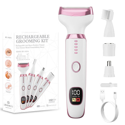 Electric Razor for Women – 4-in-1 Bikini Trimmer & Body Shaver, Painless Wet/Dry Hair Removal for Face, Nose, Eyebrows, Arms, Legs, Armpit, Underarm, Pubic Area, Rechargeable (Pink)
