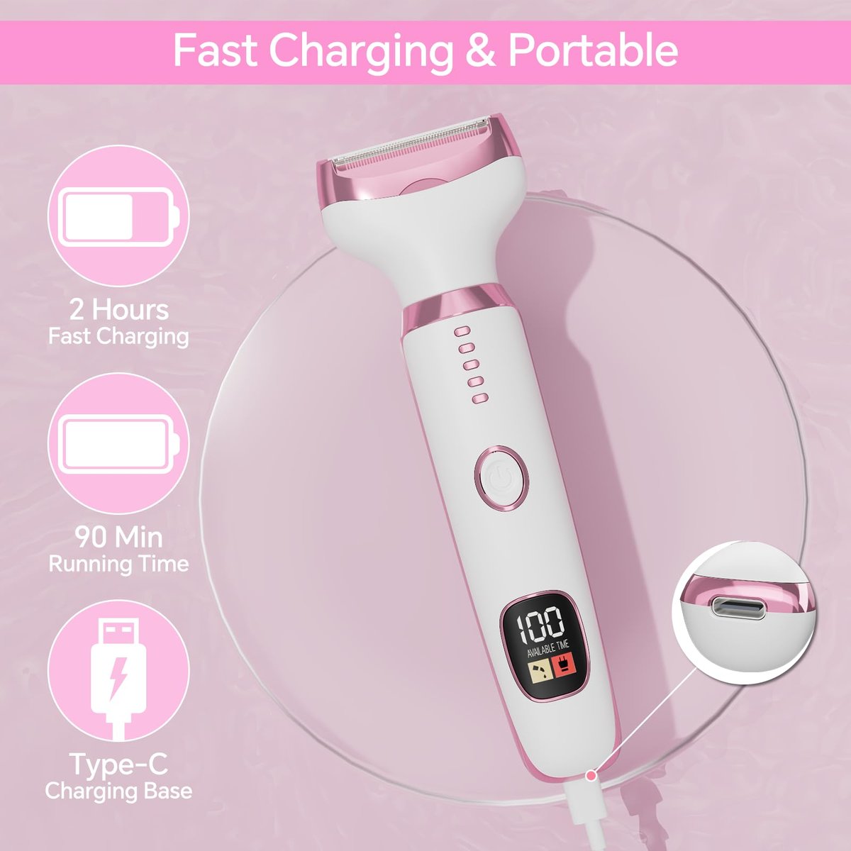 Electric Razor for Women – 4-in-1 Bikini Trimmer & Body Shaver, Painless Wet/Dry Hair Removal for Face, Nose, Eyebrows, Arms, Legs, Armpit, Underarm, Pubic Area, Rechargeable (Pink) - görsel 7