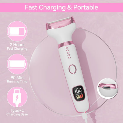 Electric Razor for Women – 4-in-1 Bikini Trimmer & Body Shaver, Painless Wet/Dry Hair Removal for Face, Nose, Eyebrows, Arms, Legs, Armpit, Underarm, Pubic Area, Rechargeable (Pink)