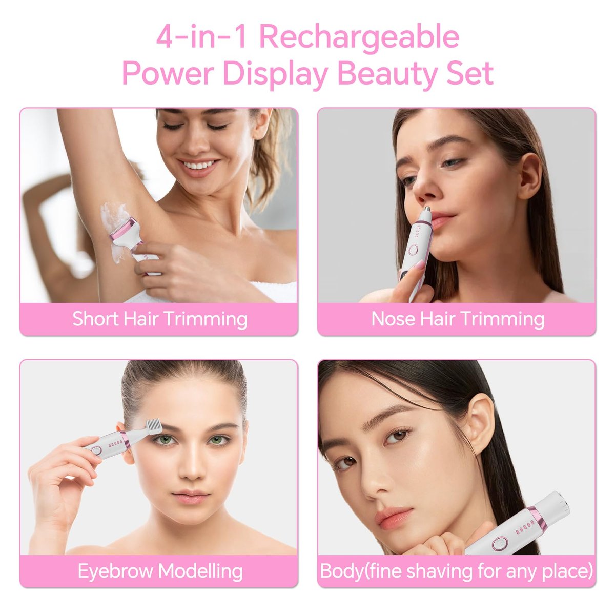 Electric Razor for Women – 4-in-1 Bikini Trimmer & Body Shaver, Painless Wet/Dry Hair Removal for Face, Nose, Eyebrows, Arms, Legs, Armpit, Underarm, Pubic Area, Rechargeable (Pink) - görsel 5