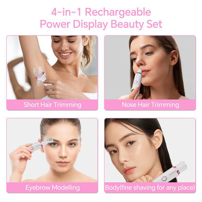Electric Razor for Women – 4-in-1 Bikini Trimmer & Body Shaver, Painless Wet/Dry Hair Removal for Face, Nose, Eyebrows, Arms, Legs, Armpit, Underarm, Pubic Area, Rechargeable (Pink)