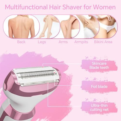 Electric Razor for Women – 4-in-1 Bikini Trimmer & Body Shaver, Painless Wet/Dry Hair Removal for Face, Nose, Eyebrows, Arms, Legs, Armpit, Underarm, Pubic Area, Rechargeable (Pink)