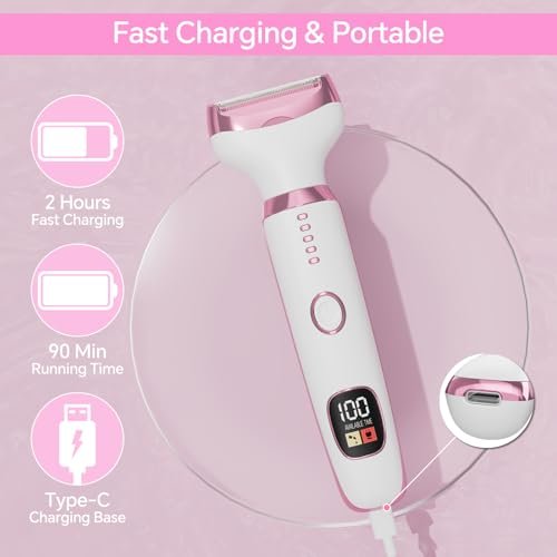 Electric Razor for Women – 4-in-1 Bikini Trimmer & Body Shaver, Painless Wet/Dry Hair Removal for Face, Nose, Eyebrows, Arms, Legs, Armpit, Underarm, Pubic Area, Rechargeable (Pink) - görsel 8