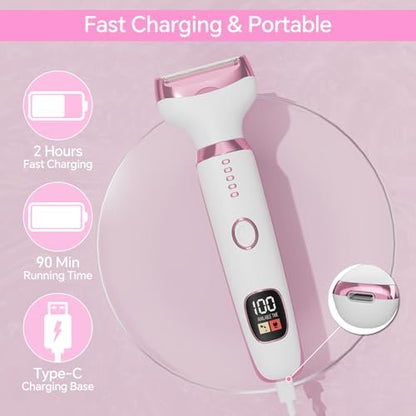Electric Razor for Women – 4-in-1 Bikini Trimmer & Body Shaver, Painless Wet/Dry Hair Removal for Face, Nose, Eyebrows, Arms, Legs, Armpit, Underarm, Pubic Area, Rechargeable (Pink)
