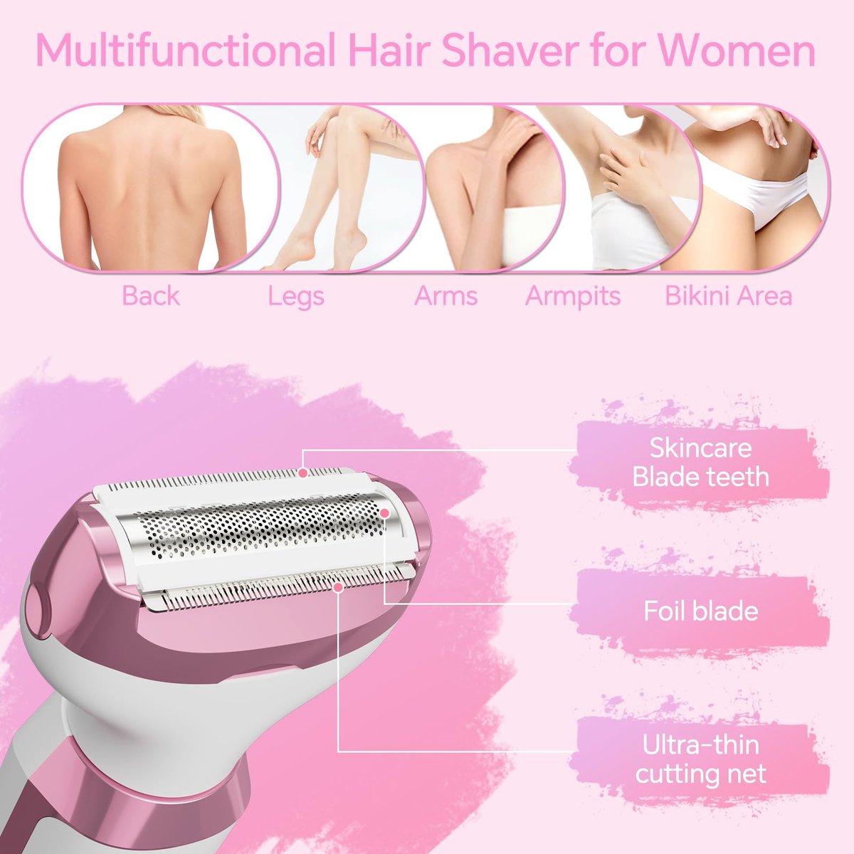 Electric Razor for Women – 4-in-1 Bikini Trimmer & Body Shaver, Painless Wet/Dry Hair Removal for Face, Nose, Eyebrows, Arms, Legs, Armpit, Underarm, Pubic Area, Rechargeable (Pink) - görsel 3