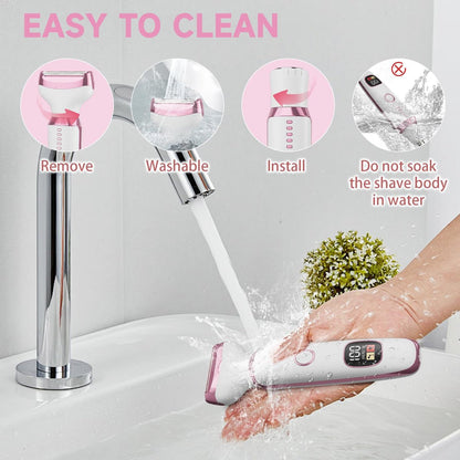 Electric Razor for Women – 4-in-1 Bikini Trimmer & Body Shaver, Painless Wet/Dry Hair Removal for Face, Nose, Eyebrows, Arms, Legs, Armpit, Underarm, Pubic Area, Rechargeable (Pink)