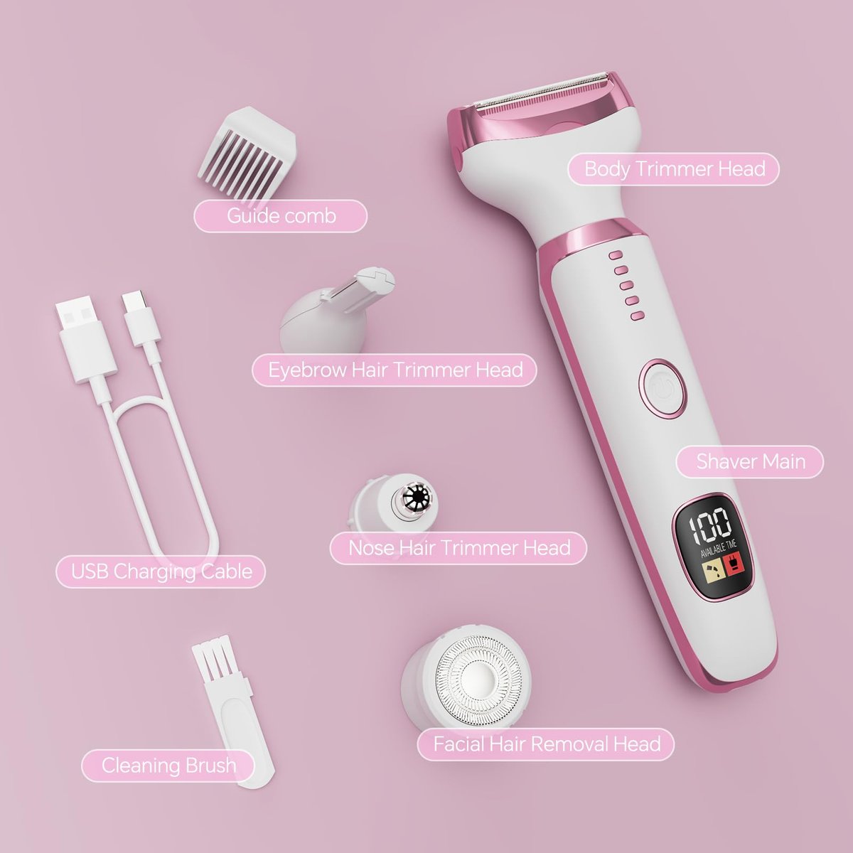 Electric Razor for Women – 4-in-1 Bikini Trimmer & Body Shaver, Painless Wet/Dry Hair Removal for Face, Nose, Eyebrows, Arms, Legs, Armpit, Underarm, Pubic Area, Rechargeable (Pink) - görsel 11
