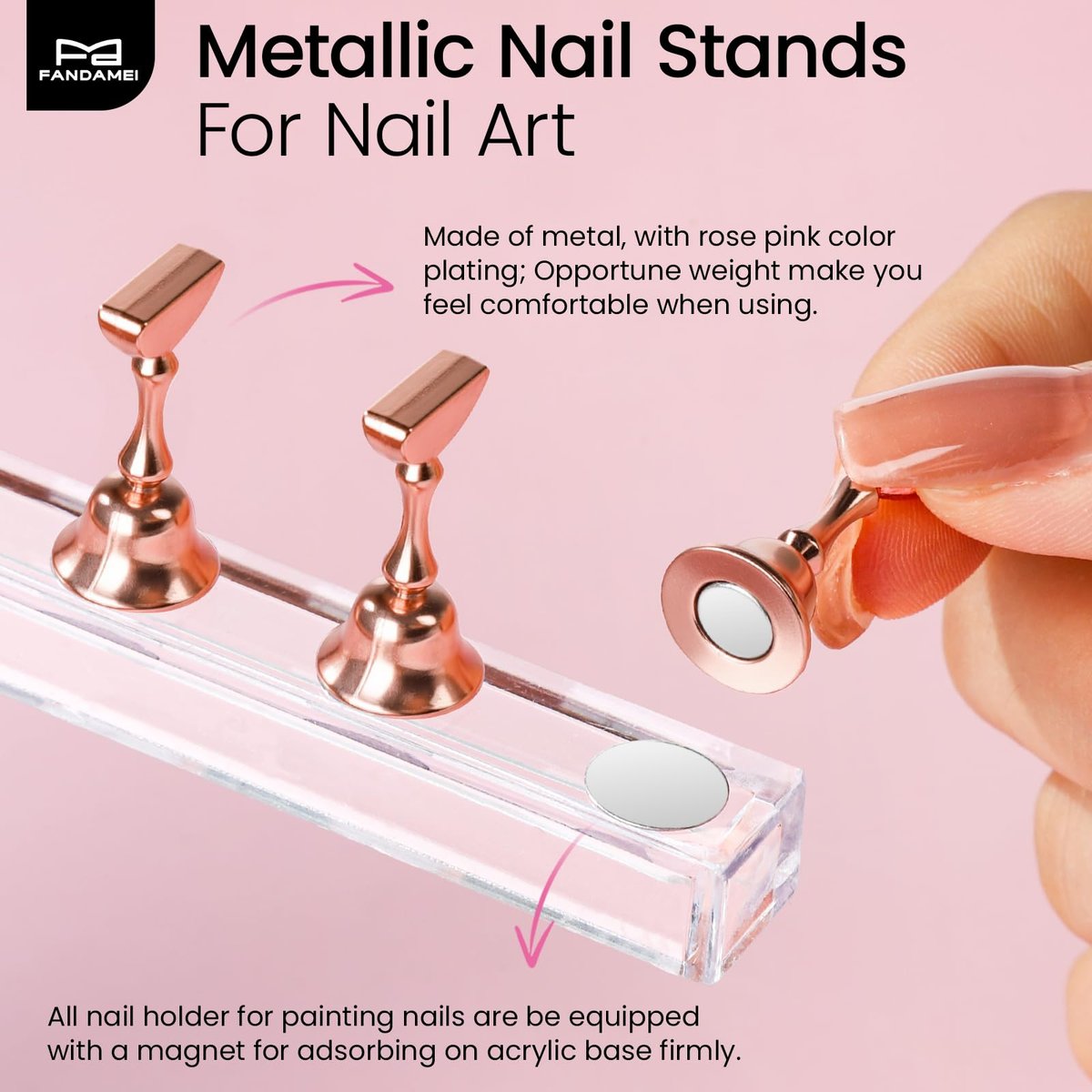 Fandamei Metallic Nail Stand - Rose Gold Nail Holder for Painting Press On Nails, Nail Art Tools, Acrylic Nail Stand - görsel 5