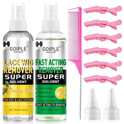 Tape in Extension Hair Glue Remover Spray - Fast Acting Two Steps System Remover for Wig and Tape in Hair Extensions - Includes Hair Comb, Rat Tail Comb, and Hair Clips Set Avelisse