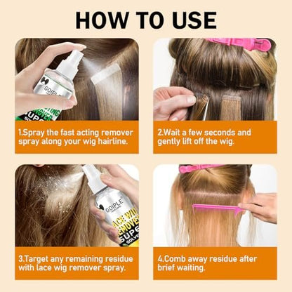 Tape in Extension Hair Glue Remover Spray - Fast Acting Two Steps System Remover for Wig and Tape in Hair Extensions - Includes Hair Comb, Rat Tail Comb, and Hair Clips Set Avelisse