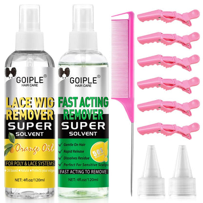 Tape in Extension Hair Glue Remover Spray - Fast Acting Two Steps System Remover for Wig and Tape in Hair Extensions - Includes Hair Comb, Rat Tail Comb, and Hair Clips Set Avelisse